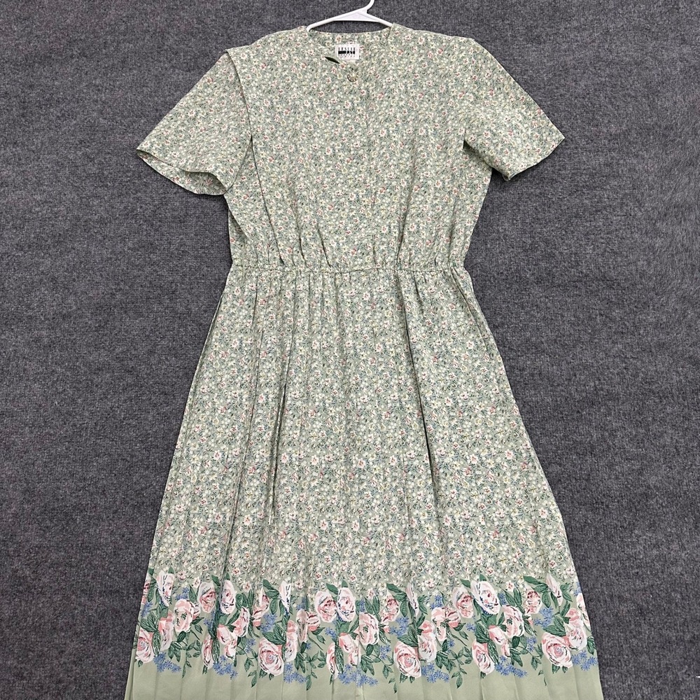 Leslie Fay Dress Womens Size S Petite Green Floral Pleated Elastic Waist Midi - Picture 2 of 6
